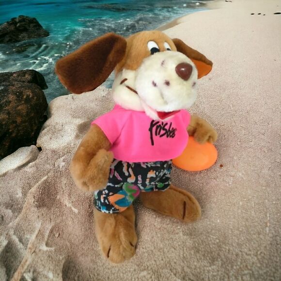 Frisbee Dog Stuffed Animal Plush Neon Promotional Pmi Toys Kransco Wham O 1991. - Picture 1 of 16